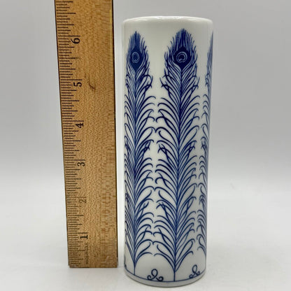 Vintage Takahashi San Francisco Blue & White Peacock Feather 6 1/2” Bud Vase /cb