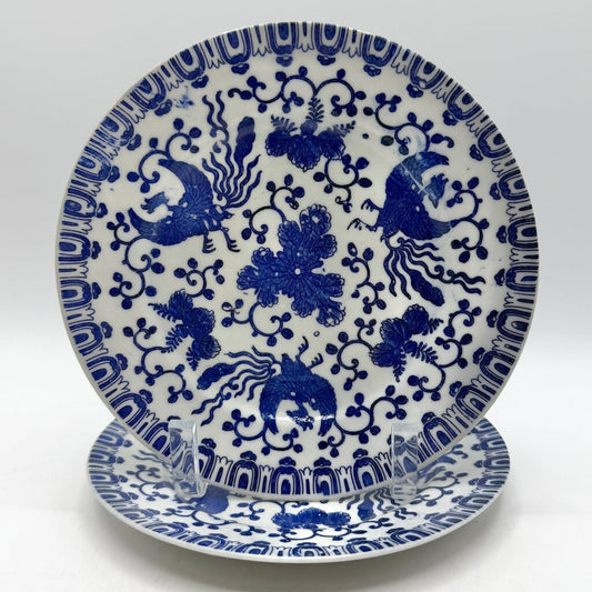 Set of 2 Vintage Flying Phoenix Blue & White Japanese Porcelain 7 1/2” Salad Plates /cb