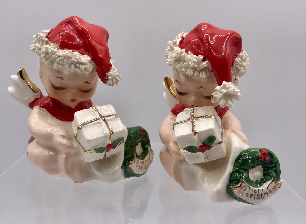 Vtg Pair Napco Baby Christmas Angels w/ Spaghetti Trim /b