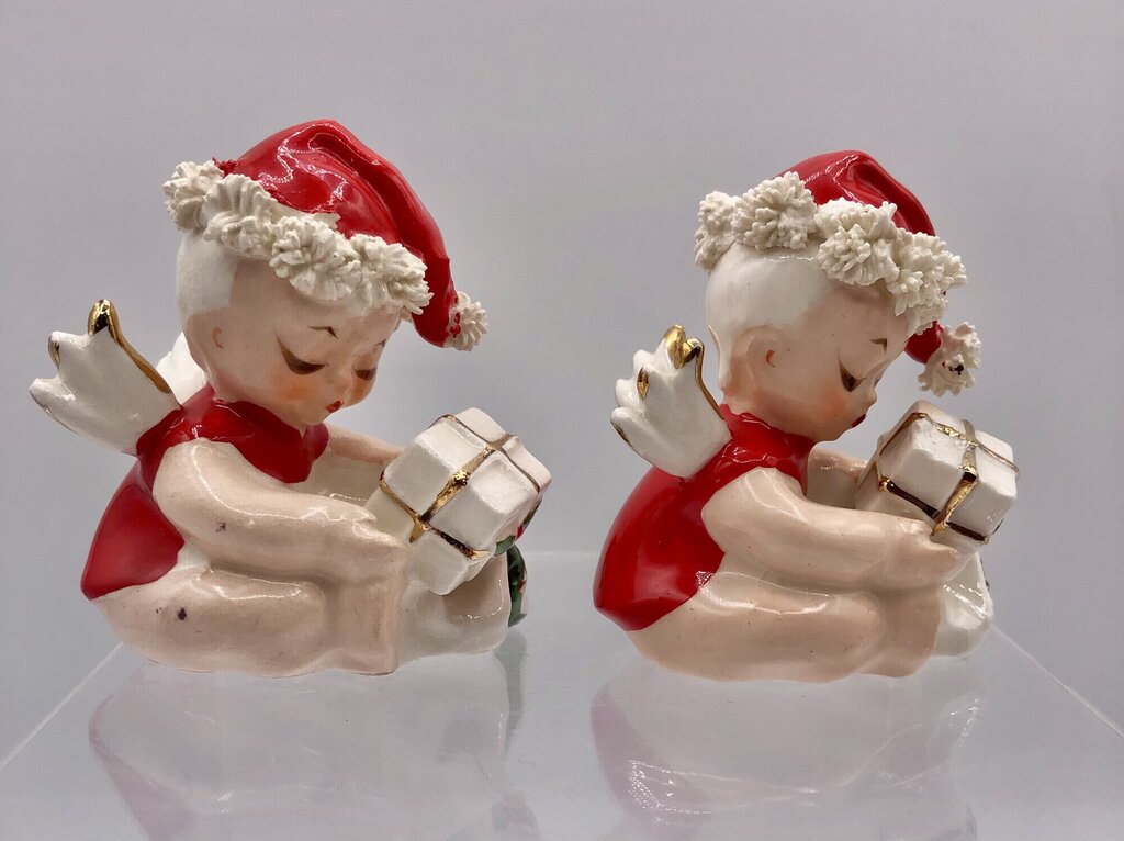 Vtg Pair Napco Baby Christmas Angels w/ Spaghetti Trim /b