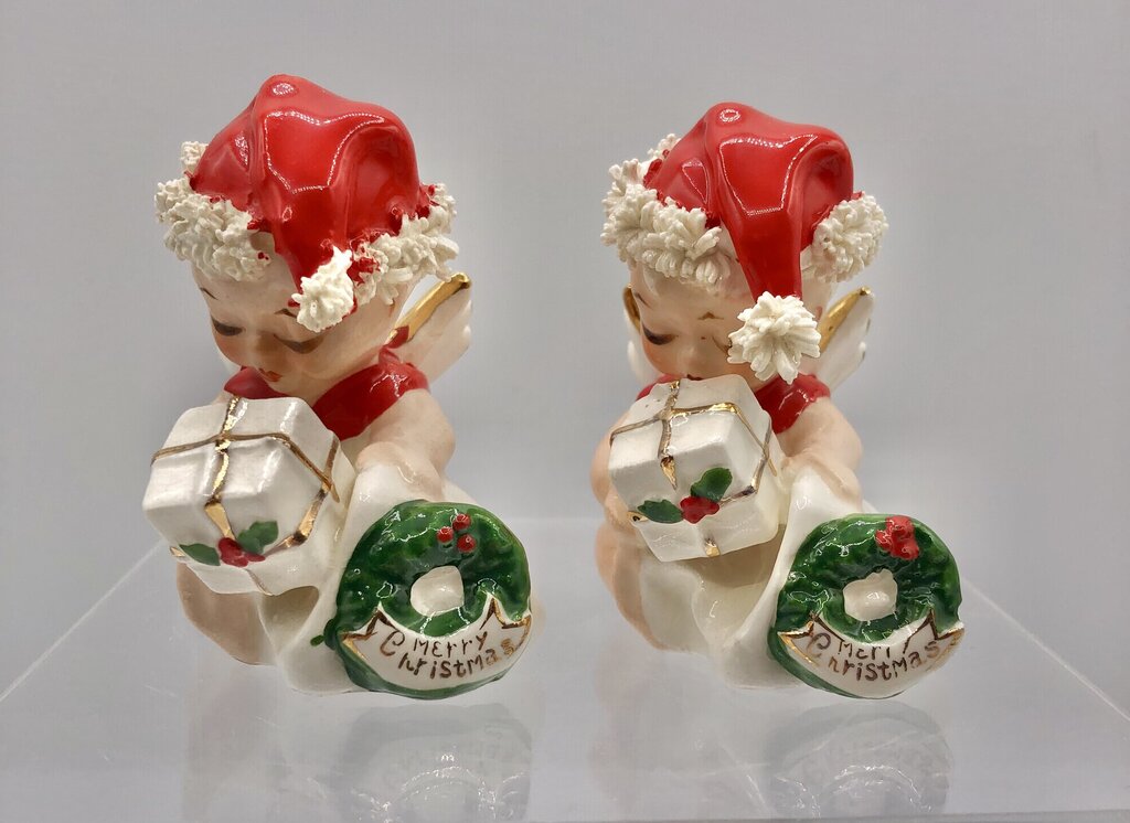 Vtg Pair Napco Baby Christmas Angels w/ Spaghetti Trim /b