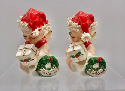 Vtg Pair Napco Baby Christmas Angels w/ Spaghetti Trim /b