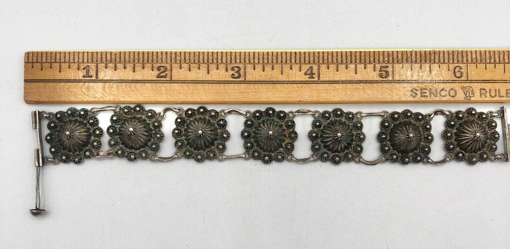 Late 1900s Silvered Domed Flower Filigree Bracelet /b