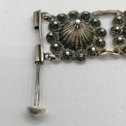 Late 1900s Silvered Domed Flower Filigree Bracelet /b