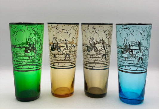 Set of 4 MCM Venetian Silver Overlay Tom Collins Barware Glasses /b