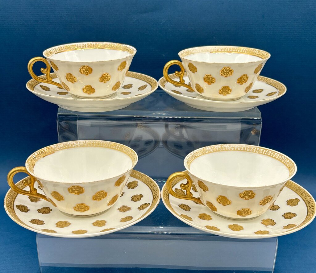 Vtg. Set of 4 Cups and Saucers V&T Limoges Gold Accents /j
