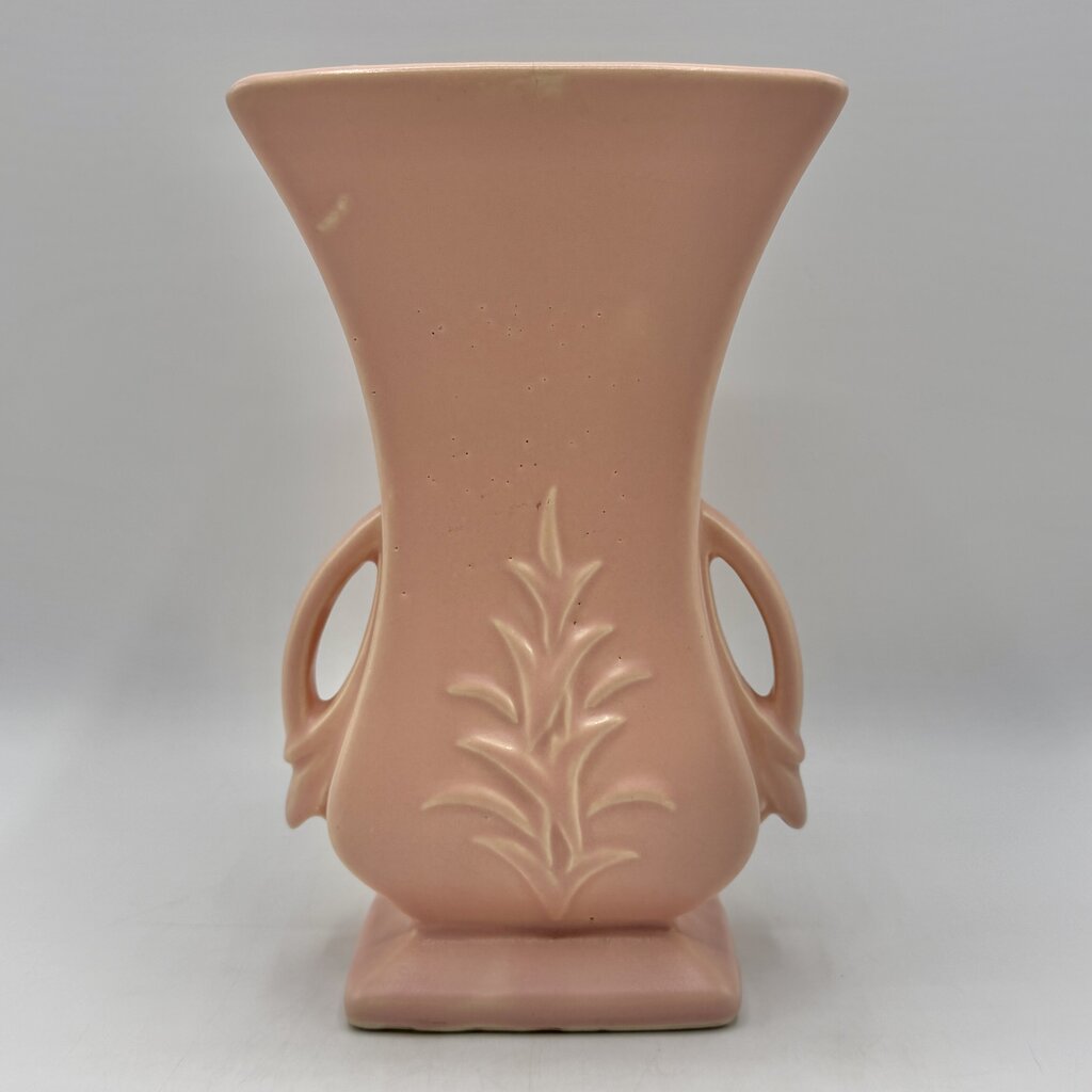 Vintage 1940s McCoy Pottery Pink Double Handled 8 Inch Vase Leaf Design /cb