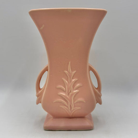 Vintage 1940s McCoy Pottery Pink Double Handled 8 Inch Vase Leaf Design /cb