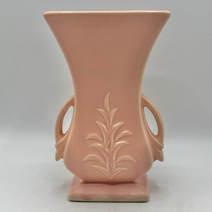 Vintage 1940s McCoy Pottery Pink Double Handled 8 Inch Vase Leaf Design /cb