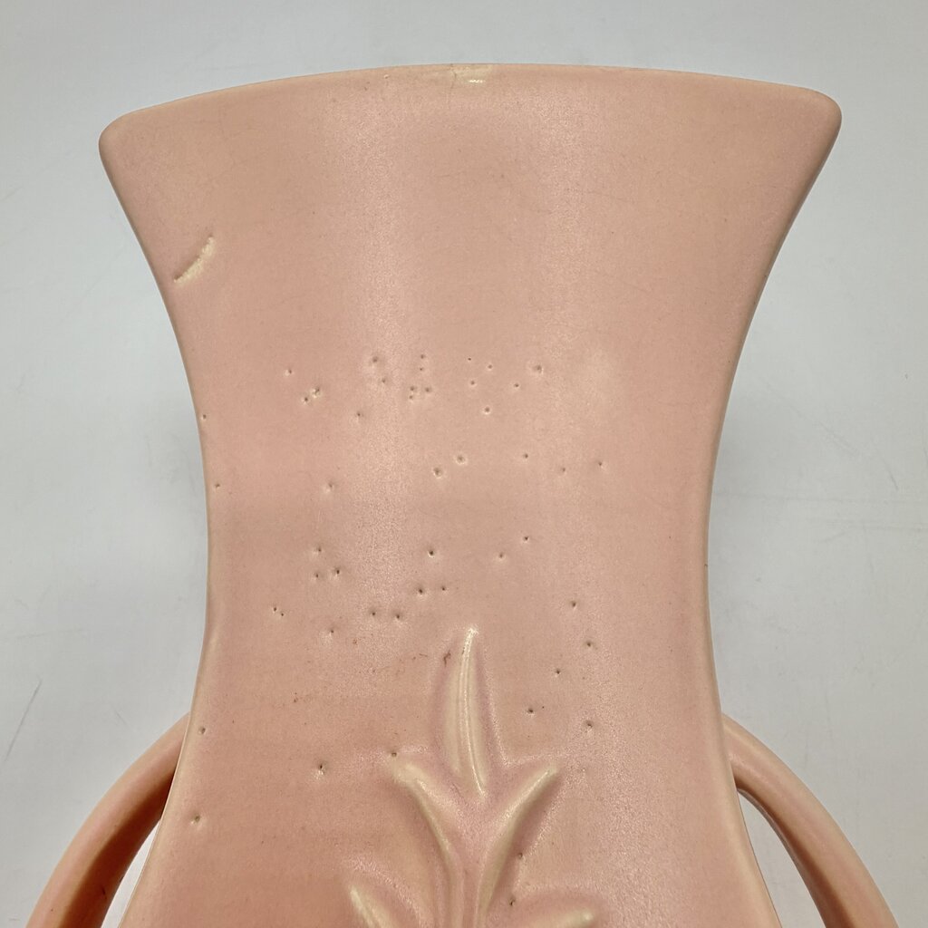 Vintage 1940s McCoy Pottery Pink Double Handled 8 Inch Vase Leaf Design /cb