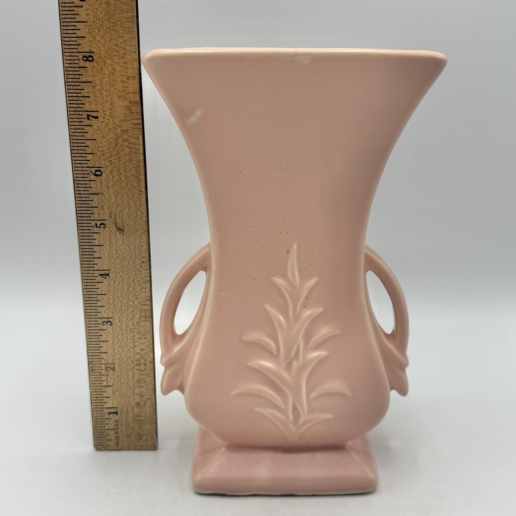 Vintage 1940s McCoy Pottery Pink Double Handled 8 Inch Vase Leaf Design /cb