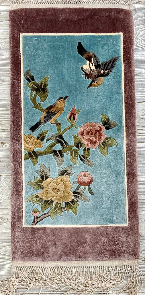 Vtg. Art Deco Chinese Hand Knotted Pictorial Silk Rug Wall Hanging /j