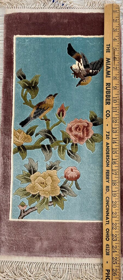 Vtg. Art Deco Chinese Hand Knotted Pictorial Silk Rug Wall Hanging /j