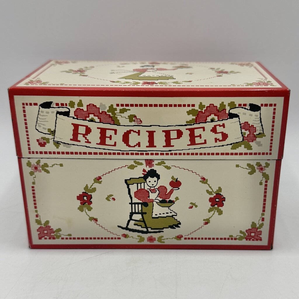 Vintage Stylecraft of Baltimore #815 Tin Recipe Box Needlepoint Lady Baking Apple Pie /cb