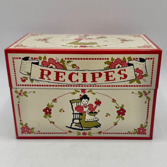 Vintage Stylecraft of Baltimore #815 Tin Recipe Box Needlepoint Lady Baking Apple Pie /cb