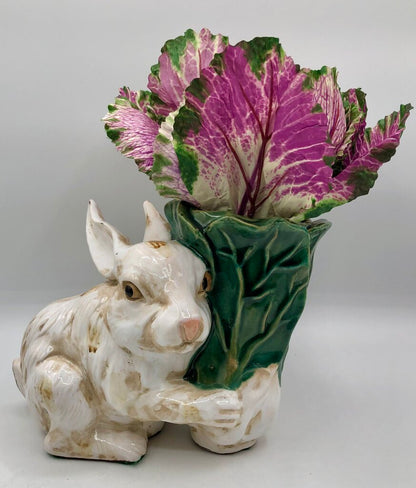 Majolica Style Ceramic Rabbit w/ Cabbage Planter /b