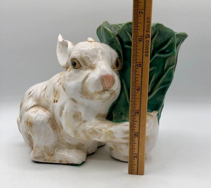 Majolica Style Ceramic Rabbit w/ Cabbage Planter /b