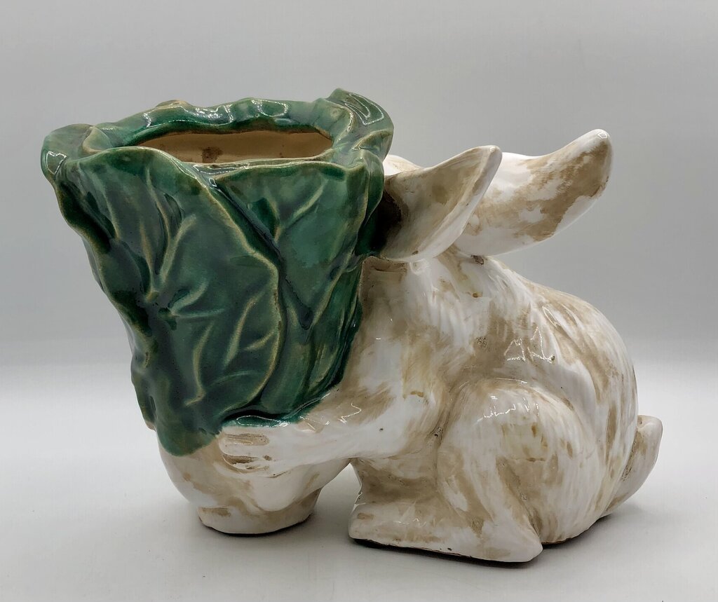 Majolica Style Ceramic Rabbit w/ Cabbage Planter /b