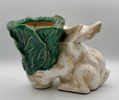 Majolica Style Ceramic Rabbit w/ Cabbage Planter /b