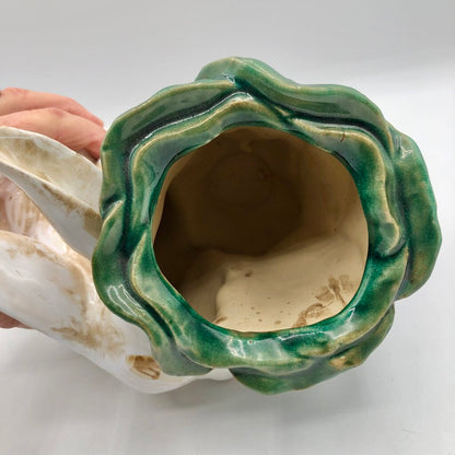 Majolica Style Ceramic Rabbit w/ Cabbage Planter /b