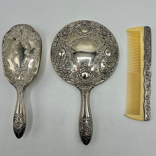 Vintage Silver Plated Victorian Style Vanity Set Mirror Brush and Comb Ornate /cb