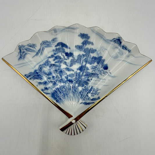 Vintage Japanese Blue & White Fan Shaped Porcelain Trinket Dish /cb