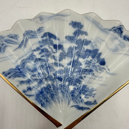 Vintage Japanese Blue & White Fan Shaped Porcelain Trinket Dish /cb