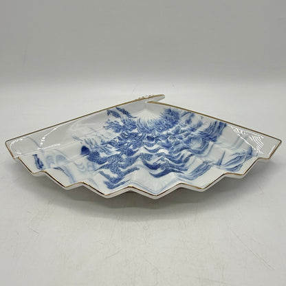 Vintage Japanese Blue & White Fan Shaped Porcelain Trinket Dish /cb
