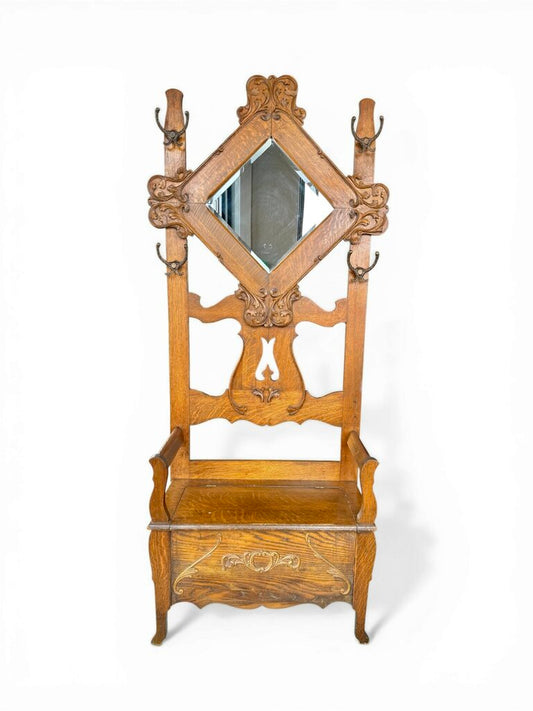 Antique Oak Hall Tree Beveled Mirror