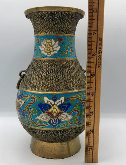 Vtg Japanese Cast Brass Champlevé Cloisonné Vase /b
