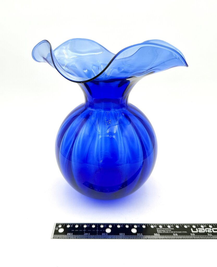 VTG Handblown Cobalt Blue Ruffled Glass Vase