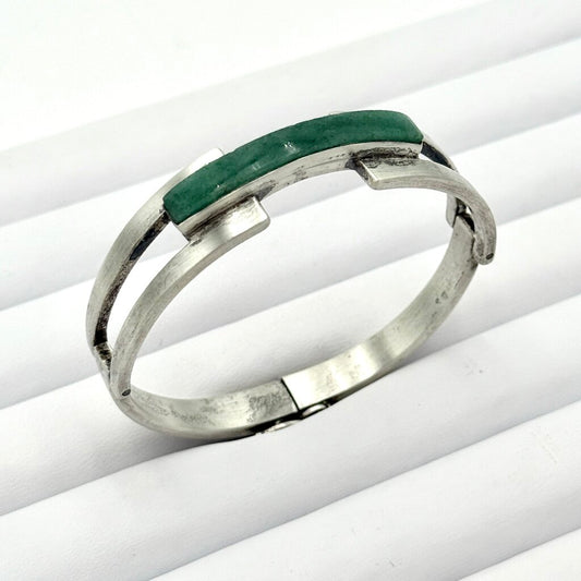 VTG Green Malachite Inlay Sterling Silver Hinged Cuff Bracelet