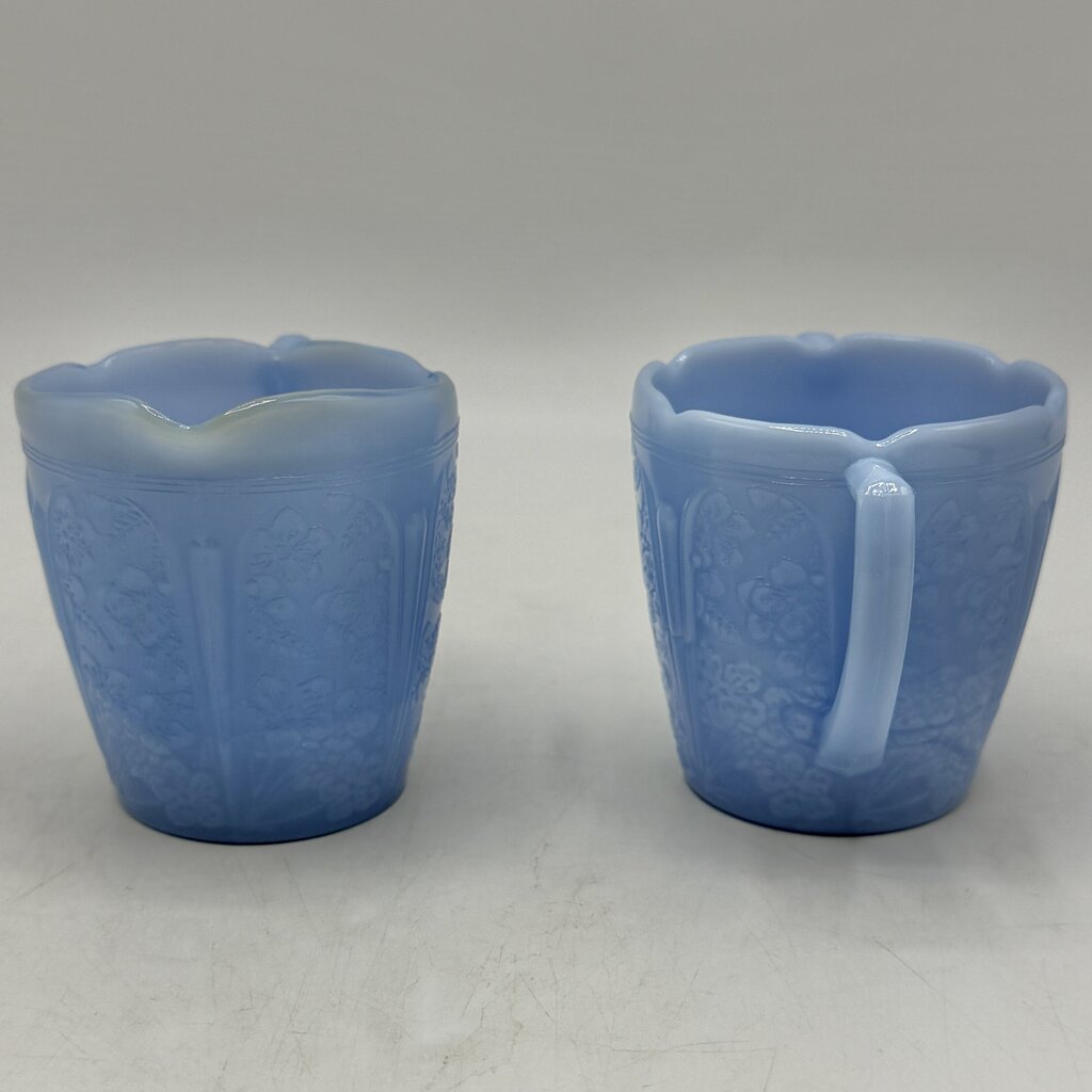1930s Jeanette Cherry Blossom Delphite Blue Child’s Creamer Sugar Bowl & Plate /cb