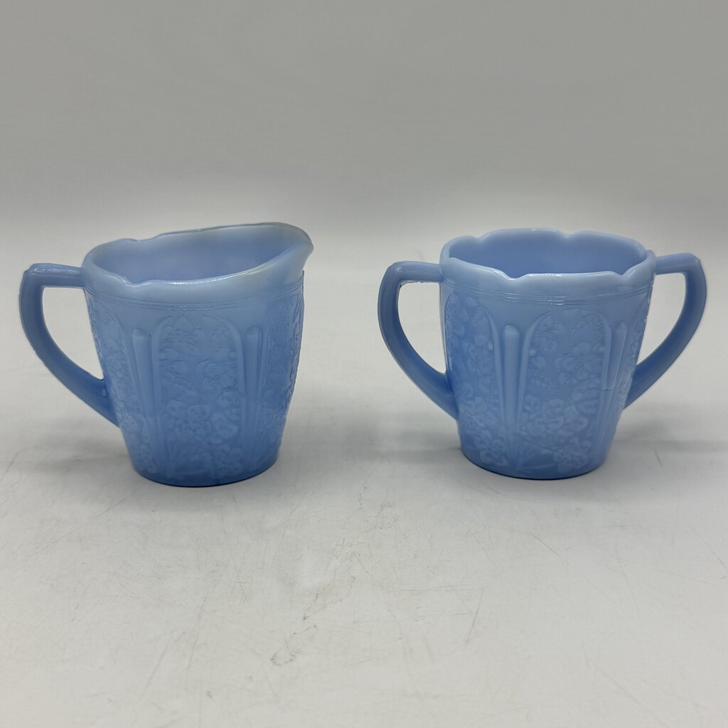 1930s Jeanette Cherry Blossom Delphite Blue Child’s Creamer Sugar Bowl & Plate /cb