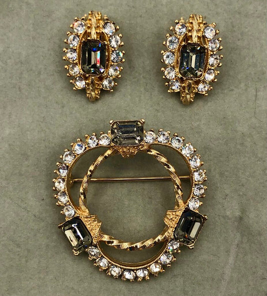 Vintage 1950’s Rhinestone Brooch & Earring Set /b