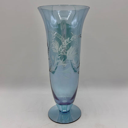 Vintage Blue Iridescent Glass Floral Etched Footed 10” Vase /cb