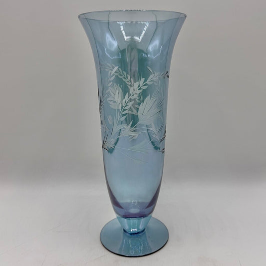 Vintage Blue Iridescent Glass Floral Etched Footed 10” Vase /cb