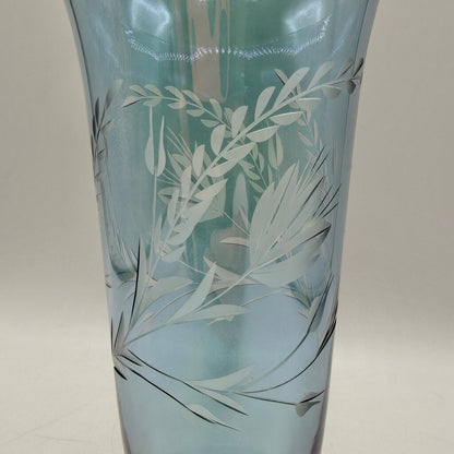 Vintage Blue Iridescent Glass Floral Etched Footed 10” Vase /cb