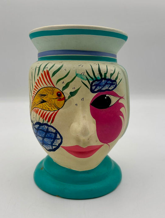 Vtg. Hand Painted Mexican Head Vase/Planter /j