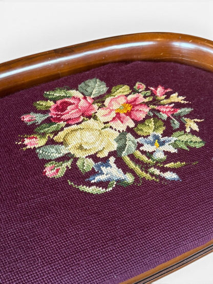 Floral Needlepoint Dark Purple Stool