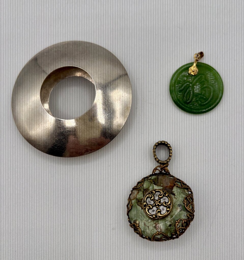 Set of 3 Pendants - Carved Jade, Mosaic Jade Stone, Silver - Toned Disc (Pendants Only) /j