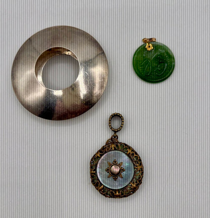 Set of 3 Pendants - Carved Jade, Mosaic Jade Stone, Silver - Toned Disc (Pendants Only) /j