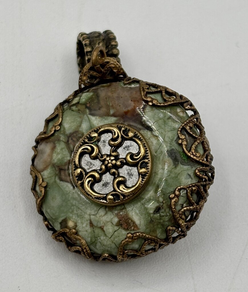 Set of 3 Pendants - Carved Jade, Mosaic Jade Stone, Silver - Toned Disc (Pendants Only) /j
