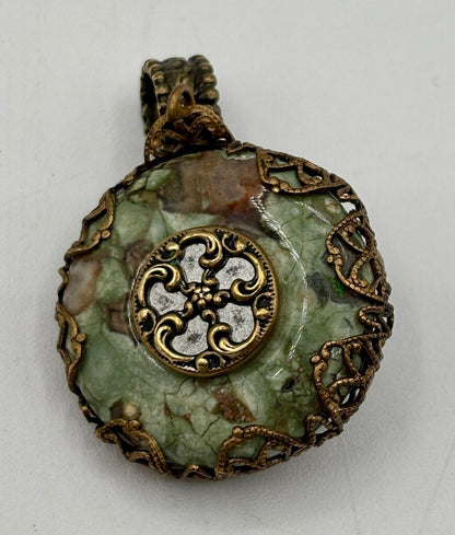 Set of 3 Pendants - Carved Jade, Mosaic Jade Stone, Silver - Toned Disc (Pendants Only) /j