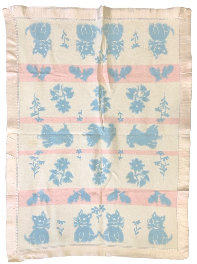 2 Vintage Baby Blankets 100% Cotton Kittens & Bears /b