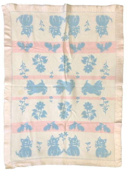 2 Vintage Baby Blankets 100% Cotton Kittens & Bears /b