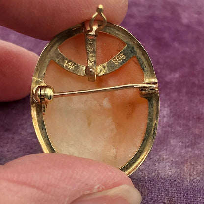 Vintage 585 14K Yellow Gold & Shell Cameo Pendant Brooch /b