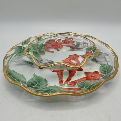Vintage Lefton 1991 Cake Plate 8 3/4” & Candy/Nut Dish 6” Glass Hummingbirds & Flowers Gold Rim