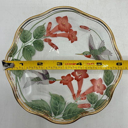 Vintage Lefton 1991 Cake Plate 8 3/4” & Candy/Nut Dish 6” Glass Hummingbirds & Flowers Gold Rim