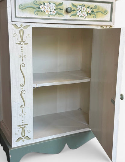 Hand Painted Small Cabinet & Matching Mirror Set